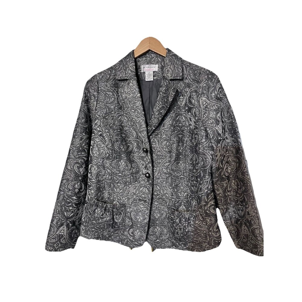Victor Costa Occasion Silver Gray Brocade Blazer Jacket Women's Sz M Metallic